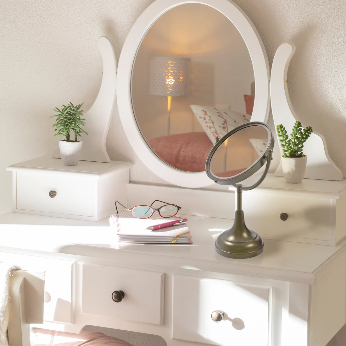 Two-sided brass makeup mirror