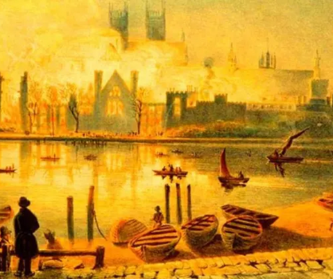 The 1834 fire viewed from the south bank of the Thames, T. Baynes.