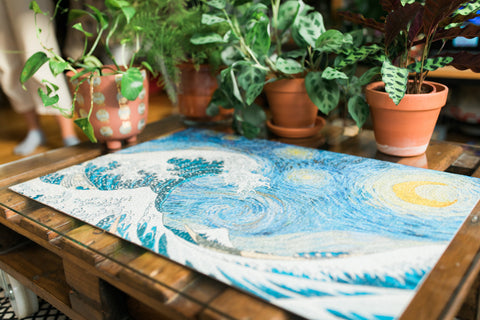 Starry Wave jigsaw puzzle on table | Blue Kazoo