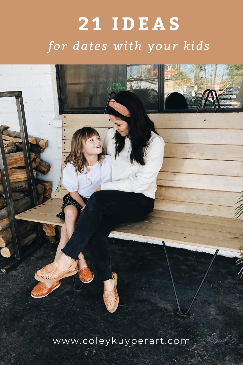 mom and daughter on a bench with words ideas for dates with kids above it