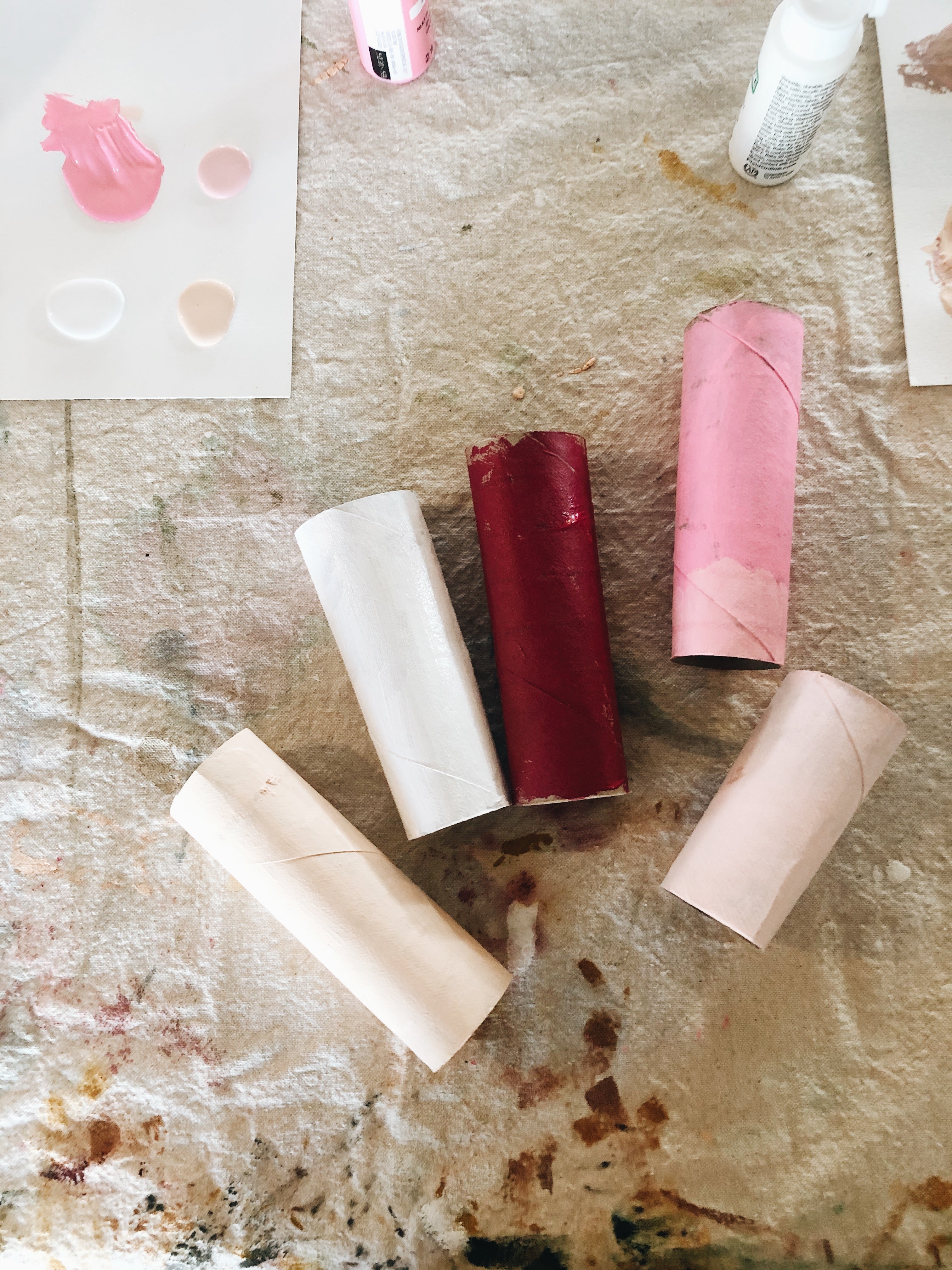 red and pink painted toilet paper rolls diy craft
