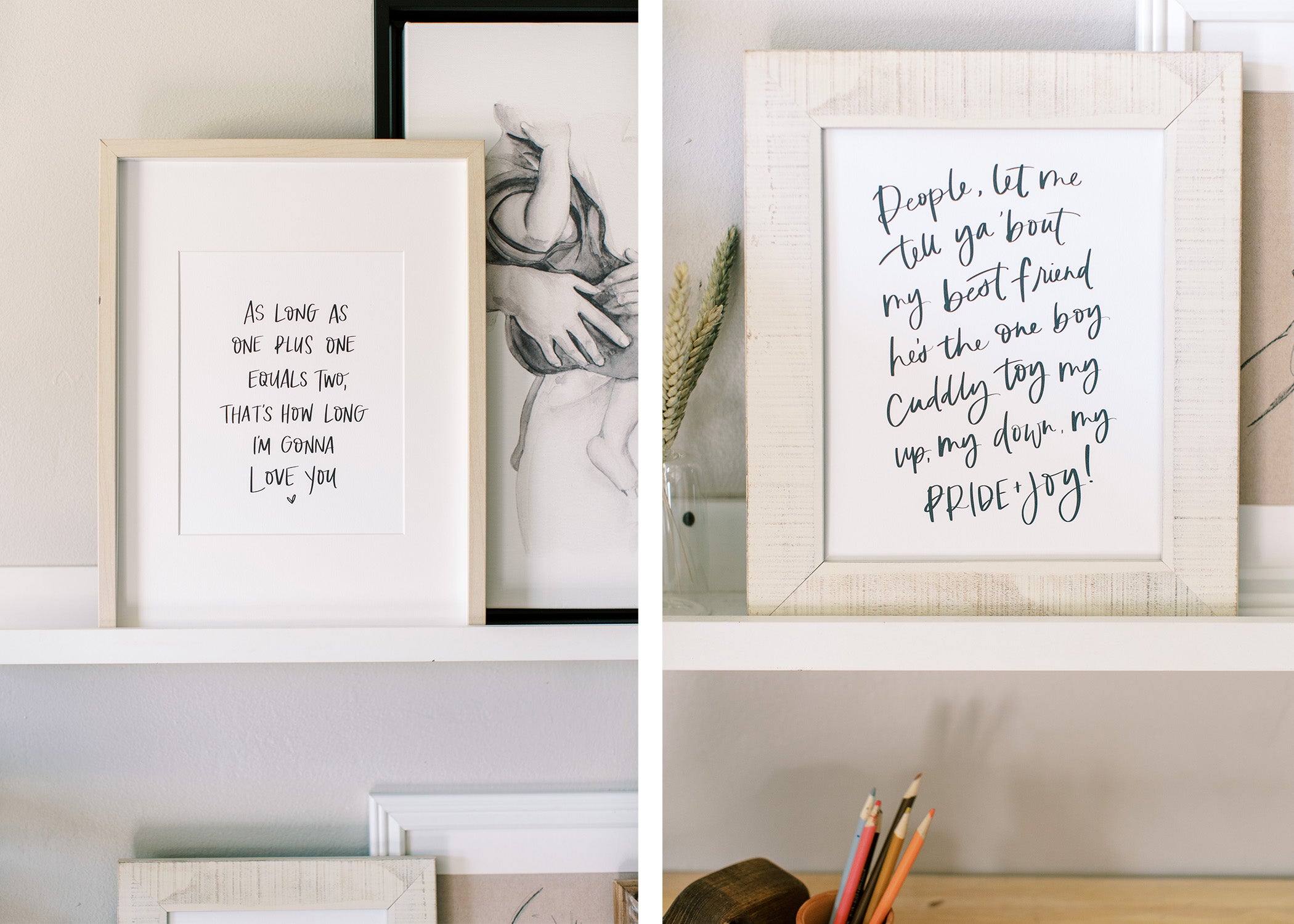 lyrics hand written and framed on a shelf by coley kuyper art