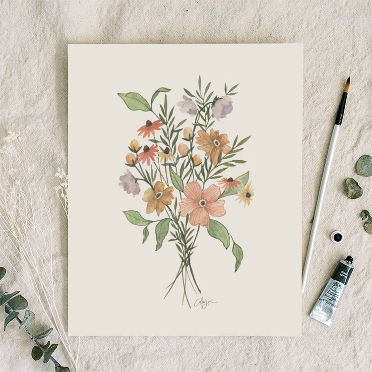 gathered blooms art print valentines day pink and green art