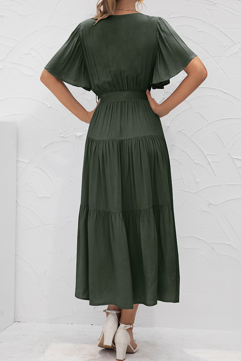 Elegant Solid Split Joint With Belt V Neck Cake Skirt Dresses(4 colors ...