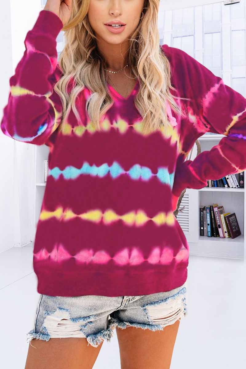 Florcoo Color Striped Print Casual Hoodie