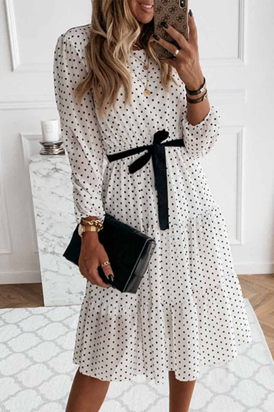 Florcoo Elegant White Black Dot Print Round Neck Tie Midi Dress