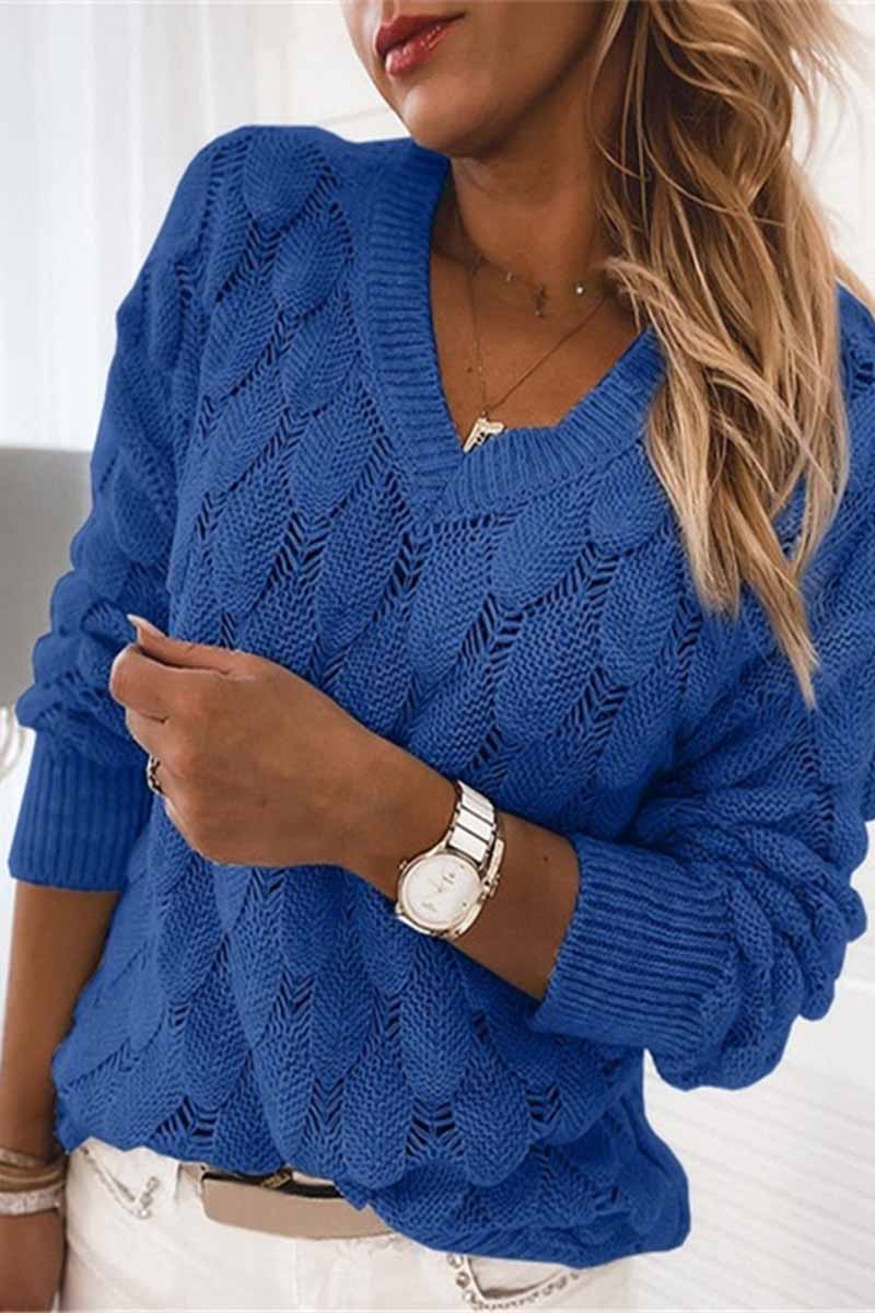 Florcoo Loose V-neck Feather Solid Color Sweater