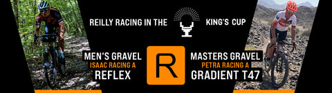 Male and Female rider in gravel race with Kings Cup logo in the centre