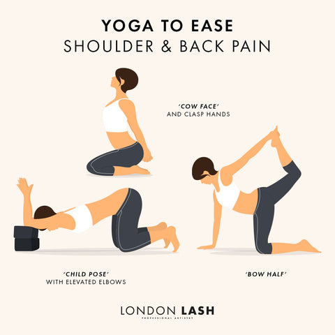 Lash Technician relieving upper back and shoulder pain with yoga stretches