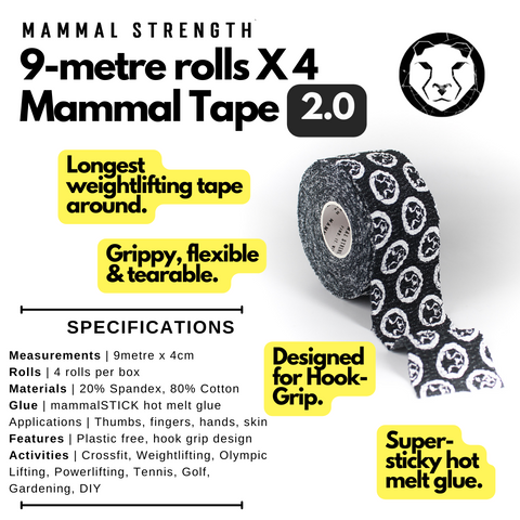 Weightlifting Thumb Tape - Mammal Strength - 9-Metre Rolls - Hook Grip Tape