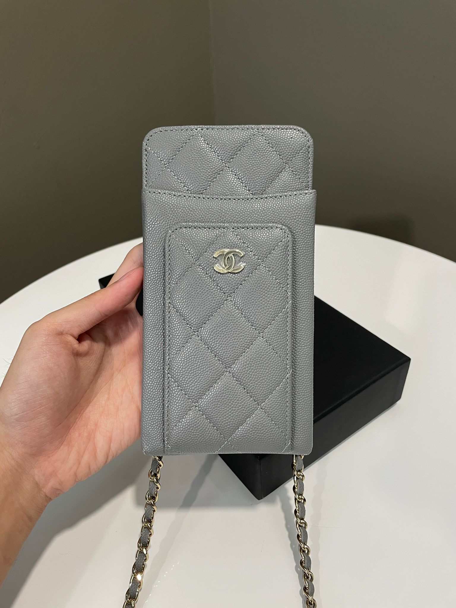 image of Chanel Quilted Phone Holder with Chain Grey Caviar