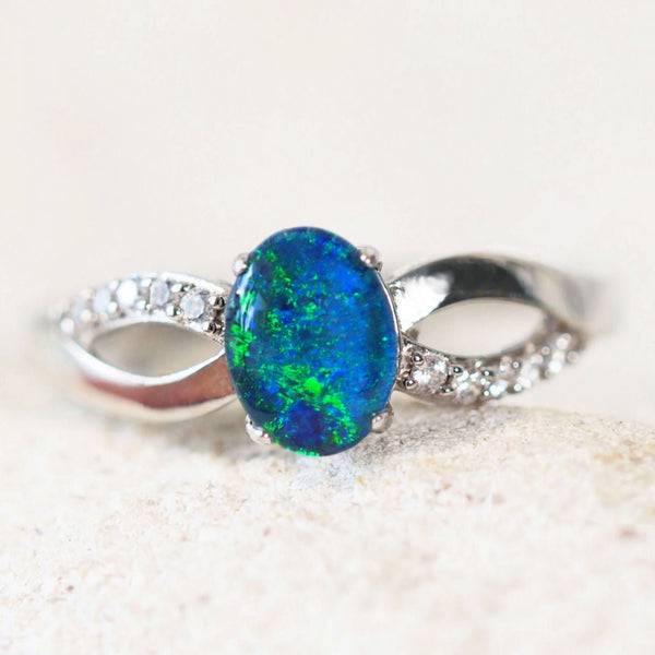 Kaia II' G/P Silver Triplet Opal Ring - Black Star Opal