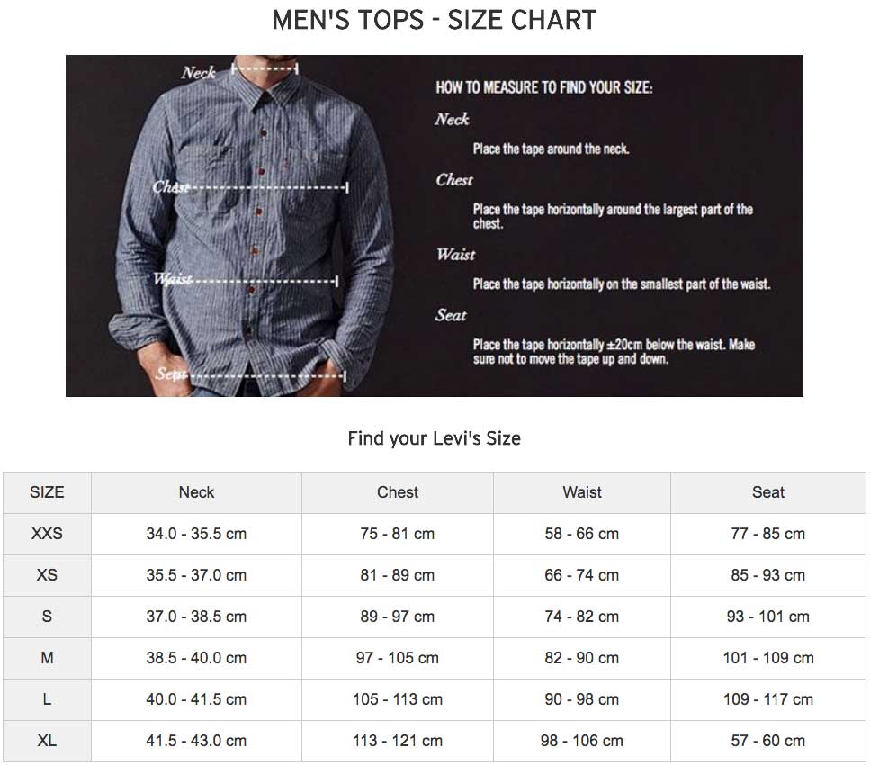 size chart for levi's