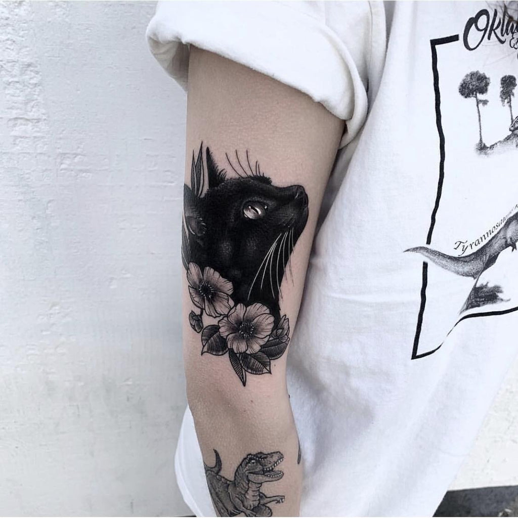 Tatouage Chat Avec Fleurs Boutique Du Chat Noir