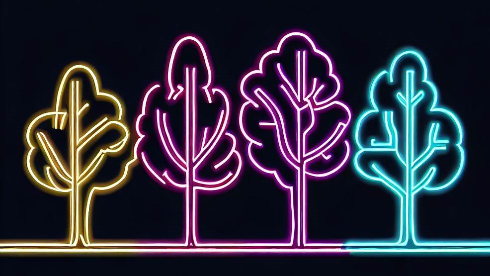 4 arbres en néons disposés horizontalement - jaune, rose et bleu électrique