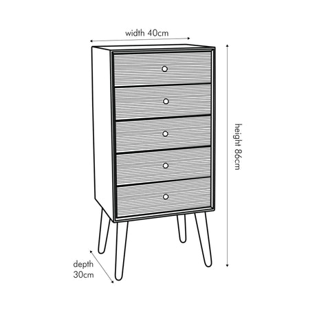 Abellia Grey Pine Wood 5 Drawer Tall Boy Unit