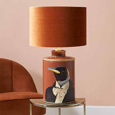 Penguin tea caddy lamp with velvet tobacco shade
