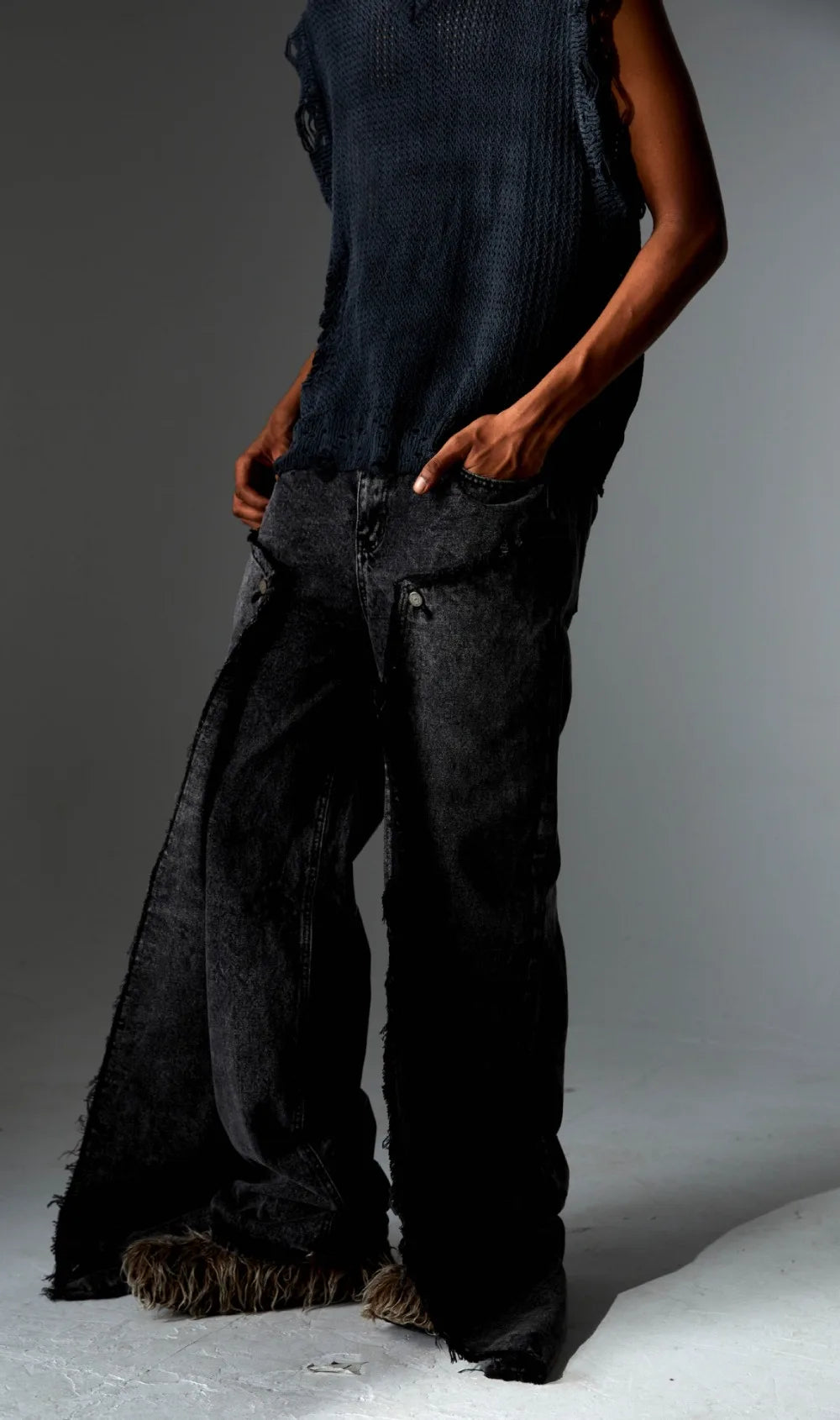 Tung Sung Frayed Edge Patchwork Washed Denim Jeans