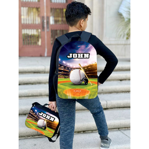 Photo of a personalized backpack and lunch bag with full-color design and custom name.