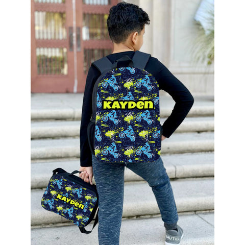 Photo of a personalized backpack and lunch bag with full-color design and custom name.