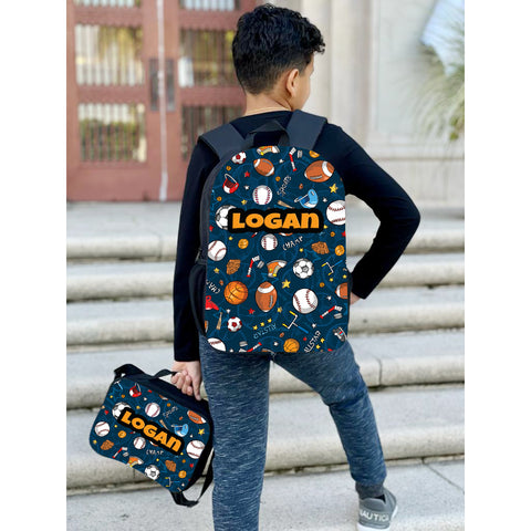 Photo of a personalized backpack with full-color design and custom name embroidery. Photo of a matching lunch bag with full-color design and custom name