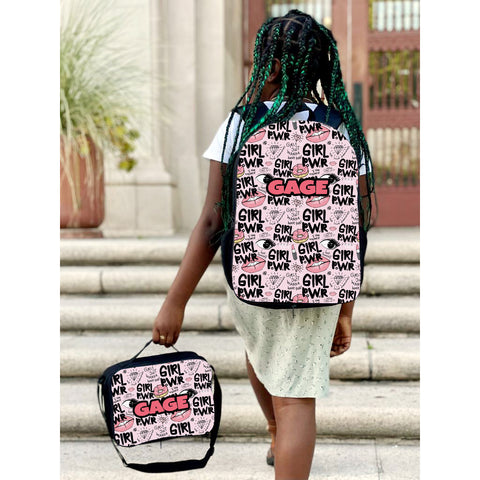 Photo of a personalized backpack and lunch bag with full-color design and custom name.