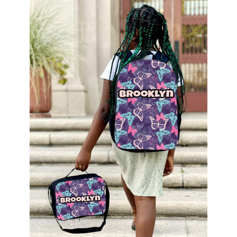 Photo of a personalized backpack and lunch bag with full-color design and custom name.