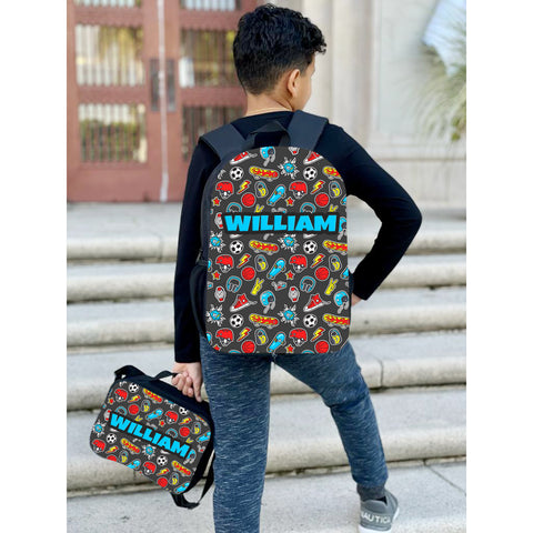 Photo of a personalized backpack and lunch bag with full-color design and custom name.