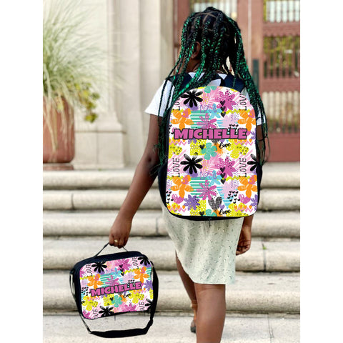 Photo of a personalized backpack and lunch bag with full-color design and custom name.