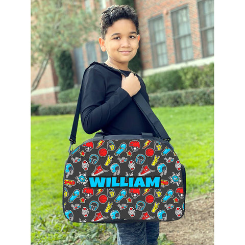 Photo of a personalized duffel bag with full-color design and custom name