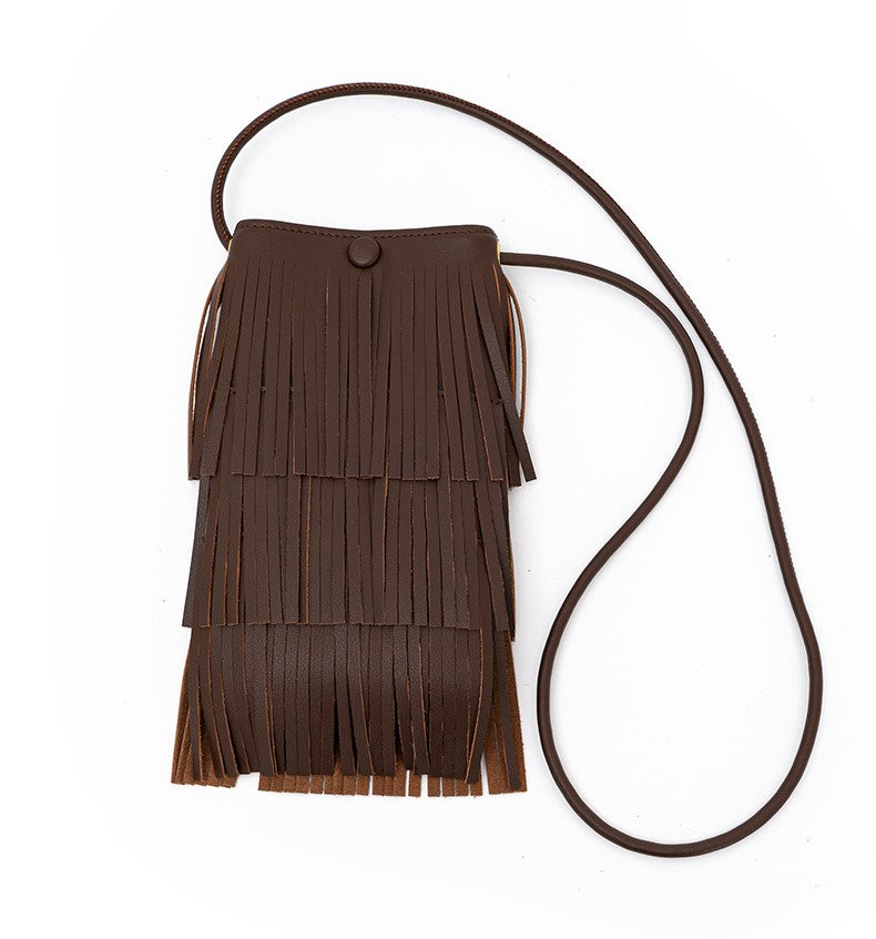 HIMODA genuine leather fringe crossbody phone purse - 3 layers - coffee brown