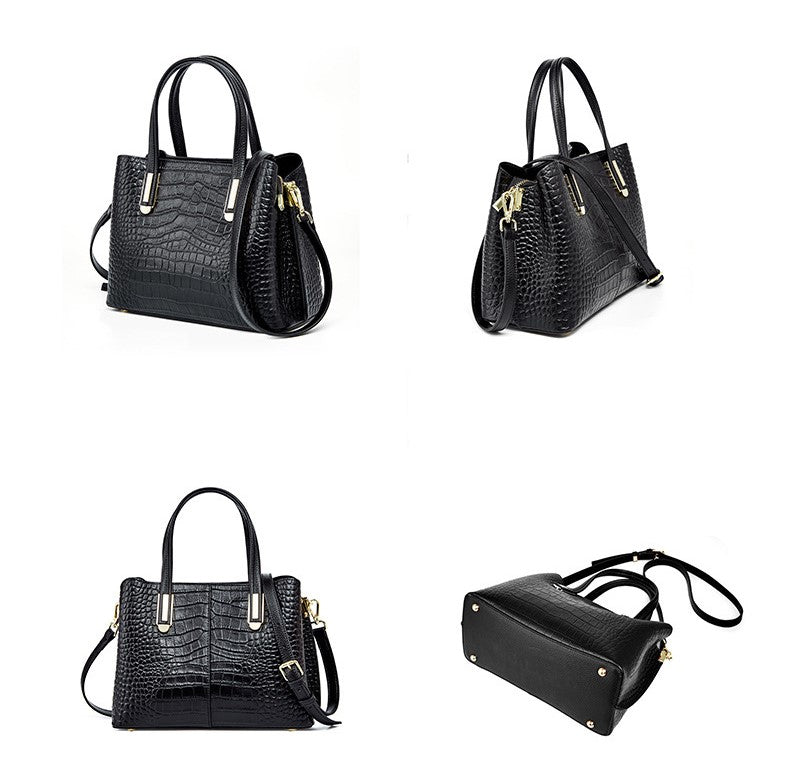 HIMODA BLACK LEATHER HANDBAG - CROCODILE EFFECT