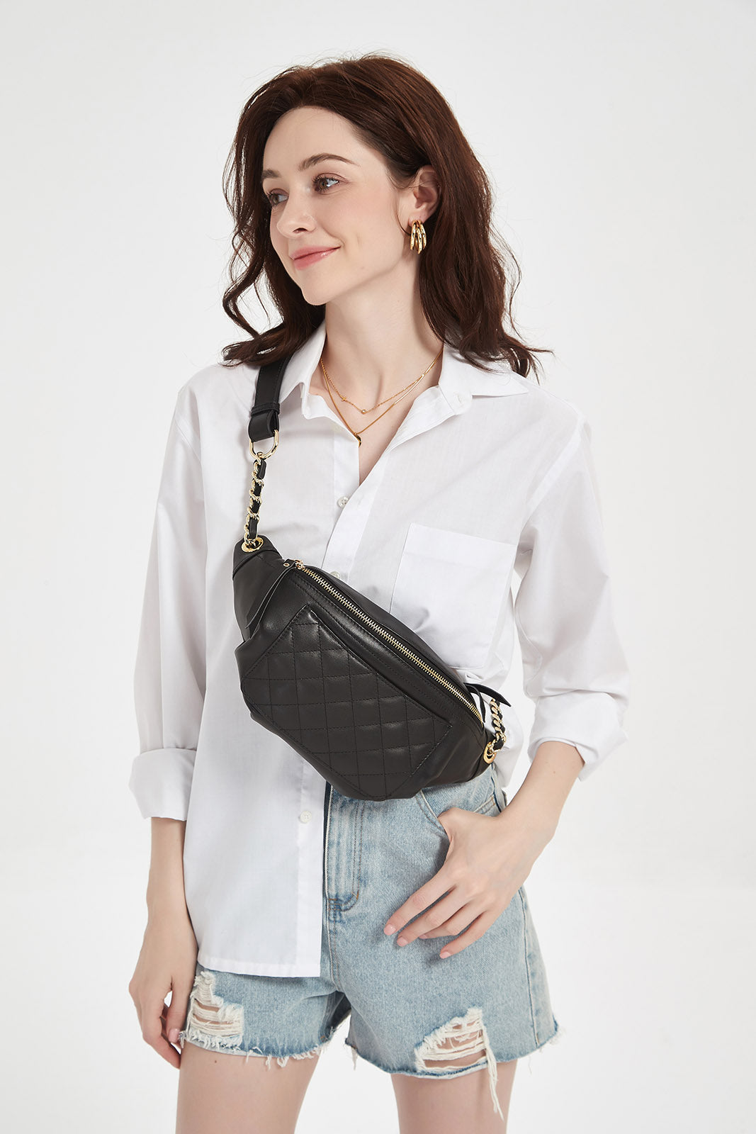 Black Leather Quilted Belt Bag Crossbody Waist Bag