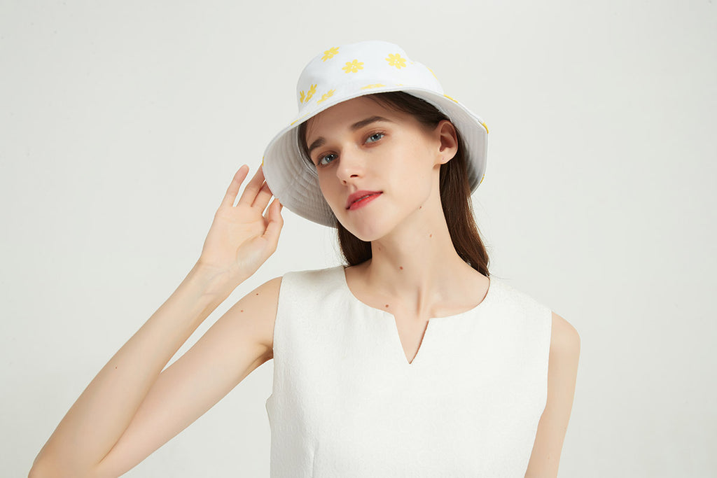 HIMODA reversible bucket hat with daisy - white-yellow -summer