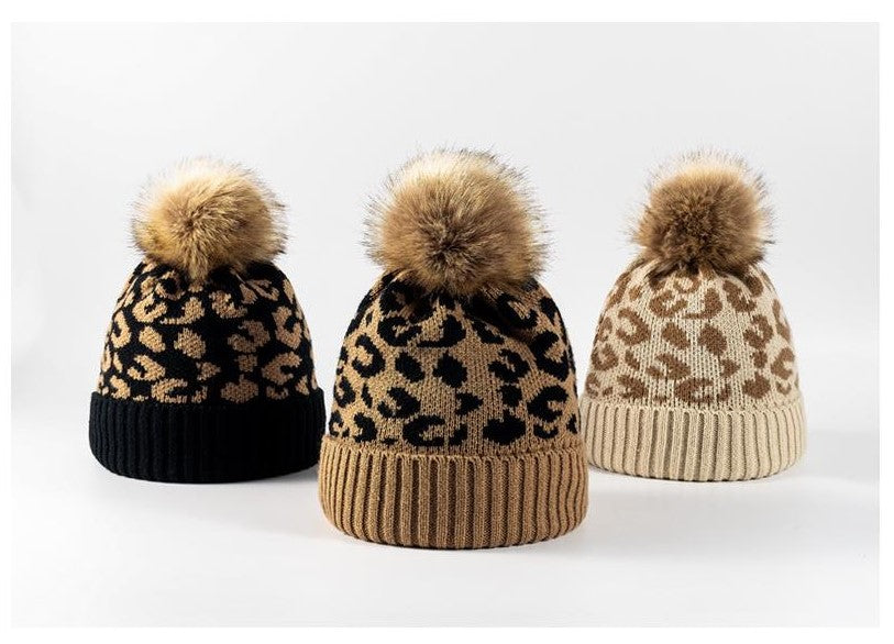 HIMODA leopard beanie hat with fur pom- 3 colors