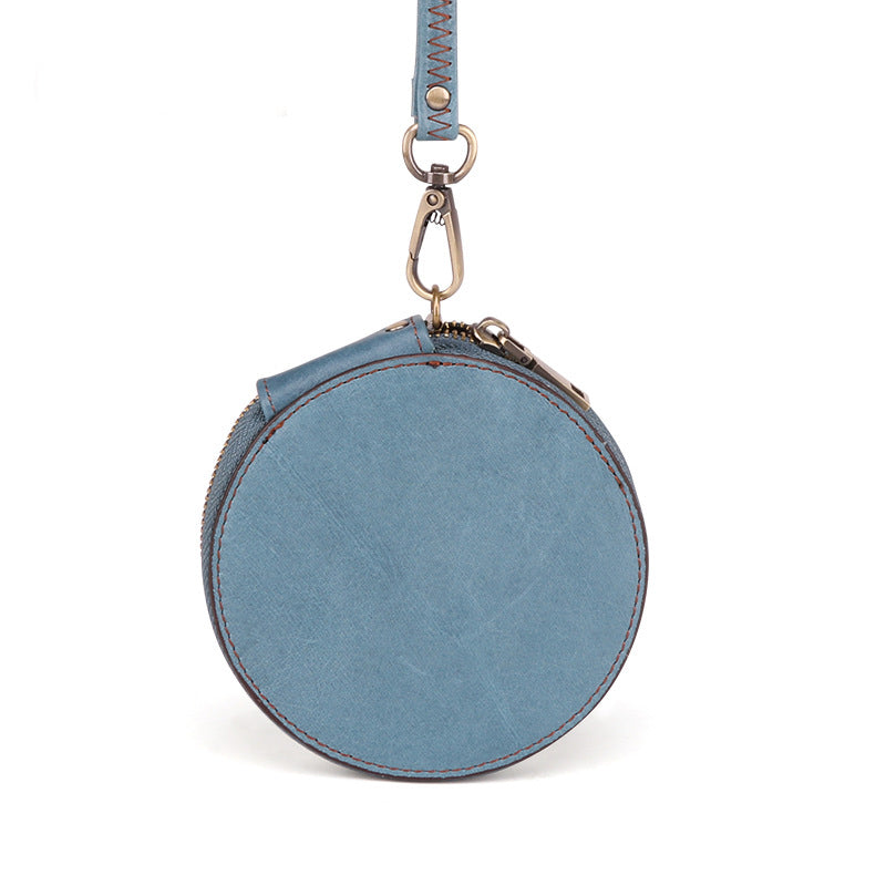leather round coin purse in blue