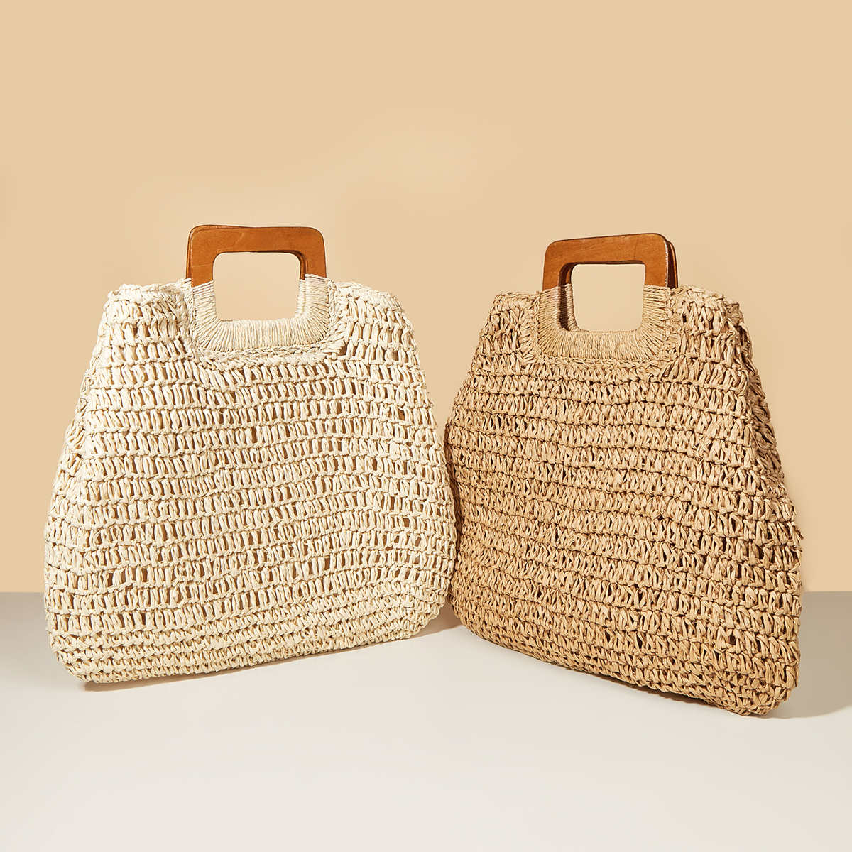 large straw tote bag with wood handle - beige