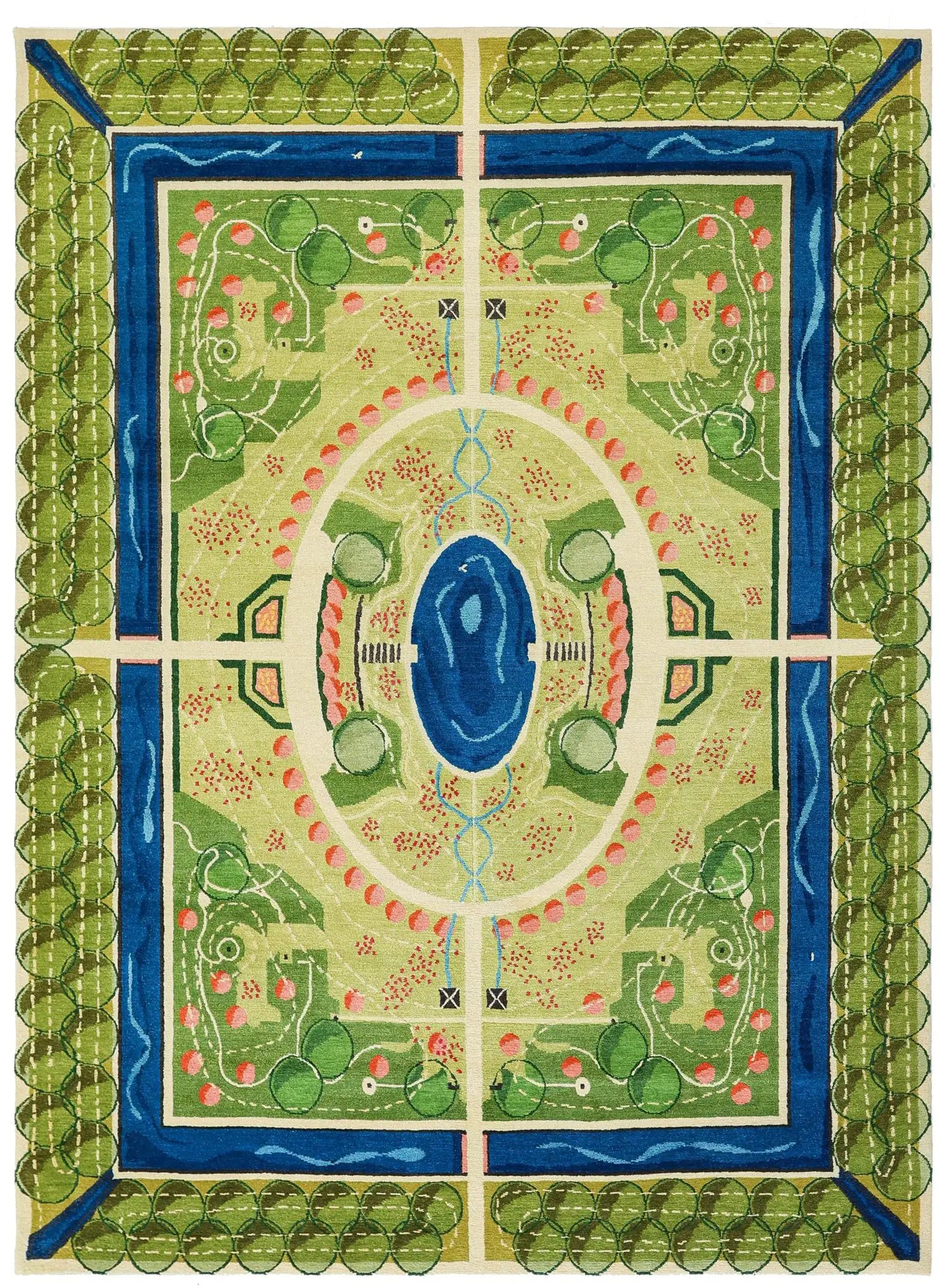 Rug inspired by Persian Serapi design abstracted into a formal garden plan