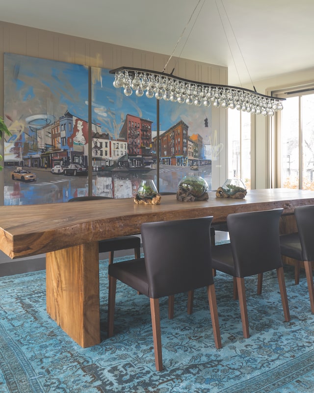 transitional overdyed dining room rug