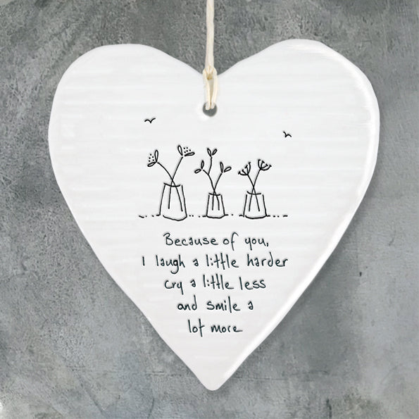 Because of you - Round Heart Porcelain Hanger
