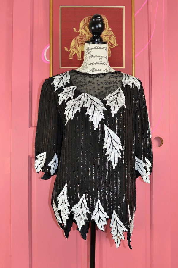 FRANK USHER Women's Black and White Sequined Silk Top, Size M. Pre-lov ...