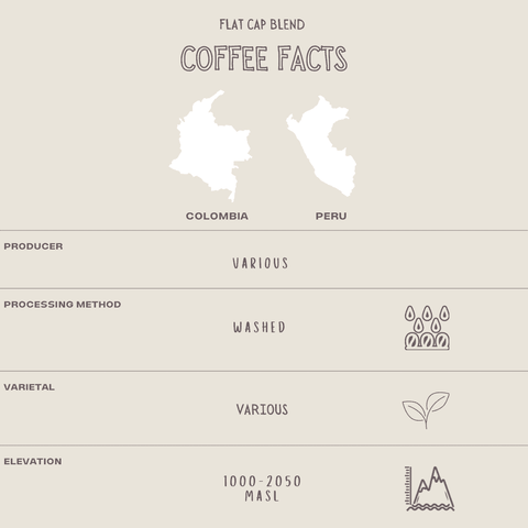 Image shows coffee facts infographic for Flat Cap Blend of specialty coffee