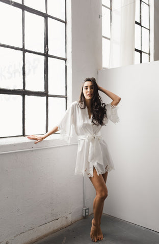 White silk and lace wedding robe for getting ready