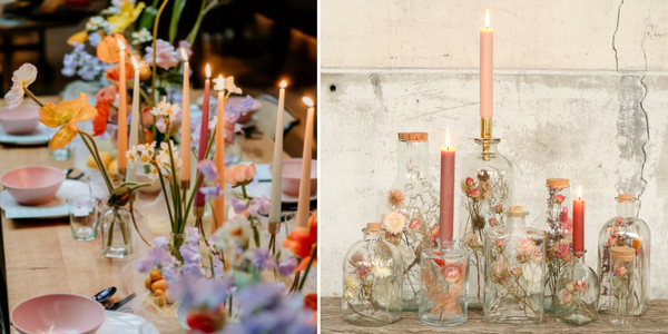 colourful wedding centrepiece of simple florals and candles