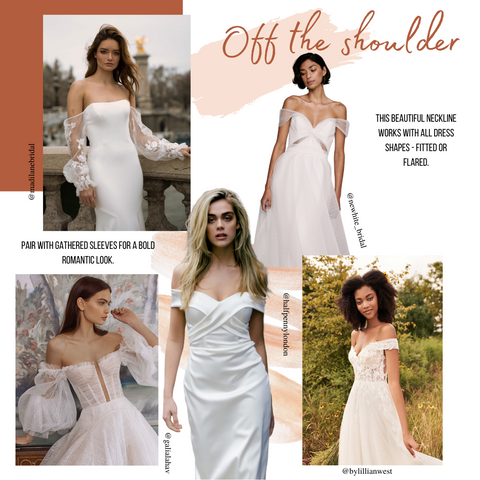 image show wedding trend for 2022 of off the shoulder wedding dresses for brides