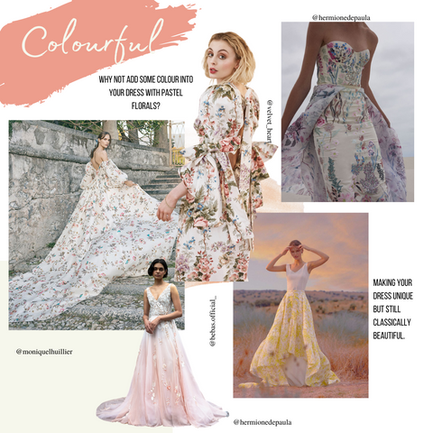 image shows colourful wedding dress as part of a trend forecast for weddings 2022