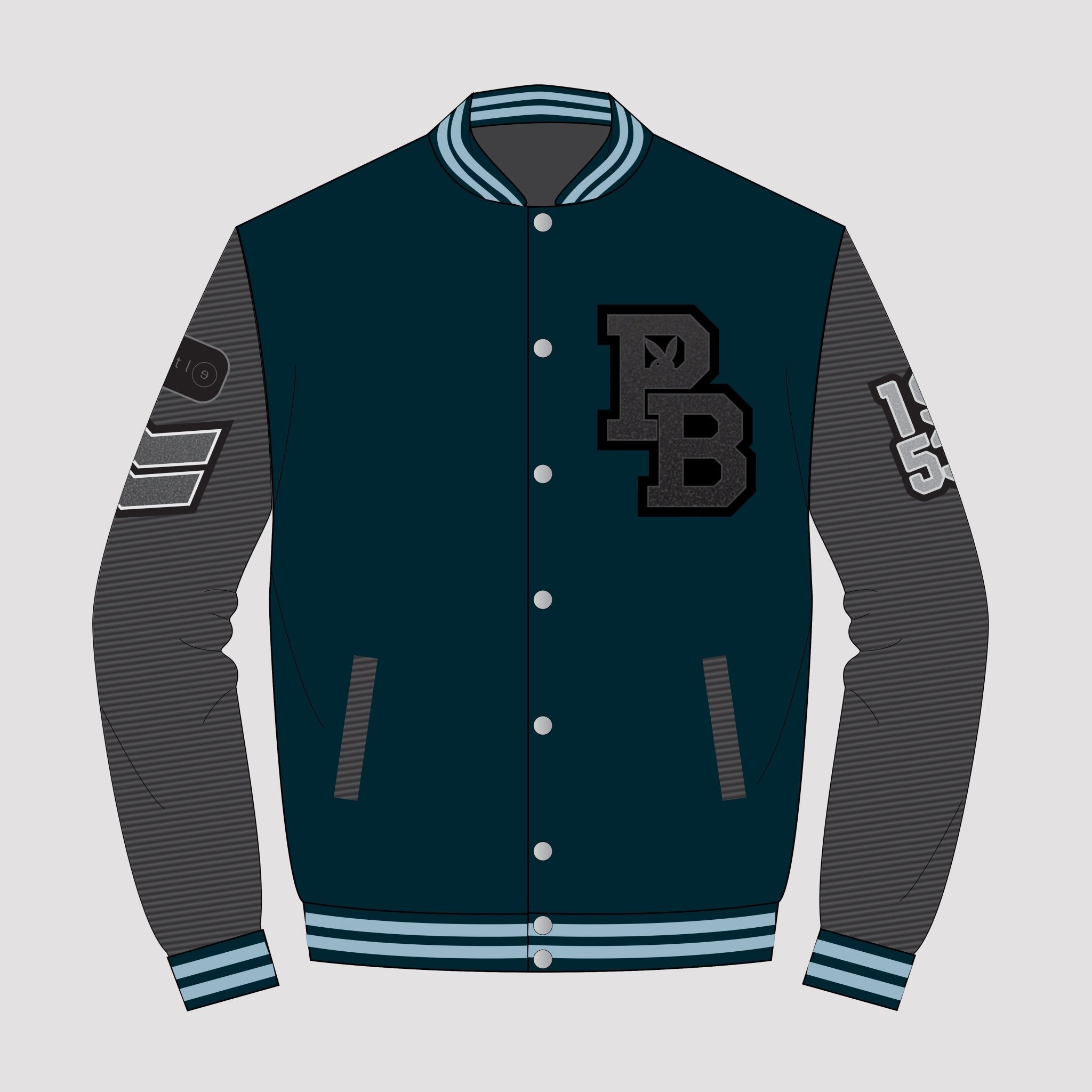 Letterman varsity jacket in dark teal w/ black quilted sleeves ...