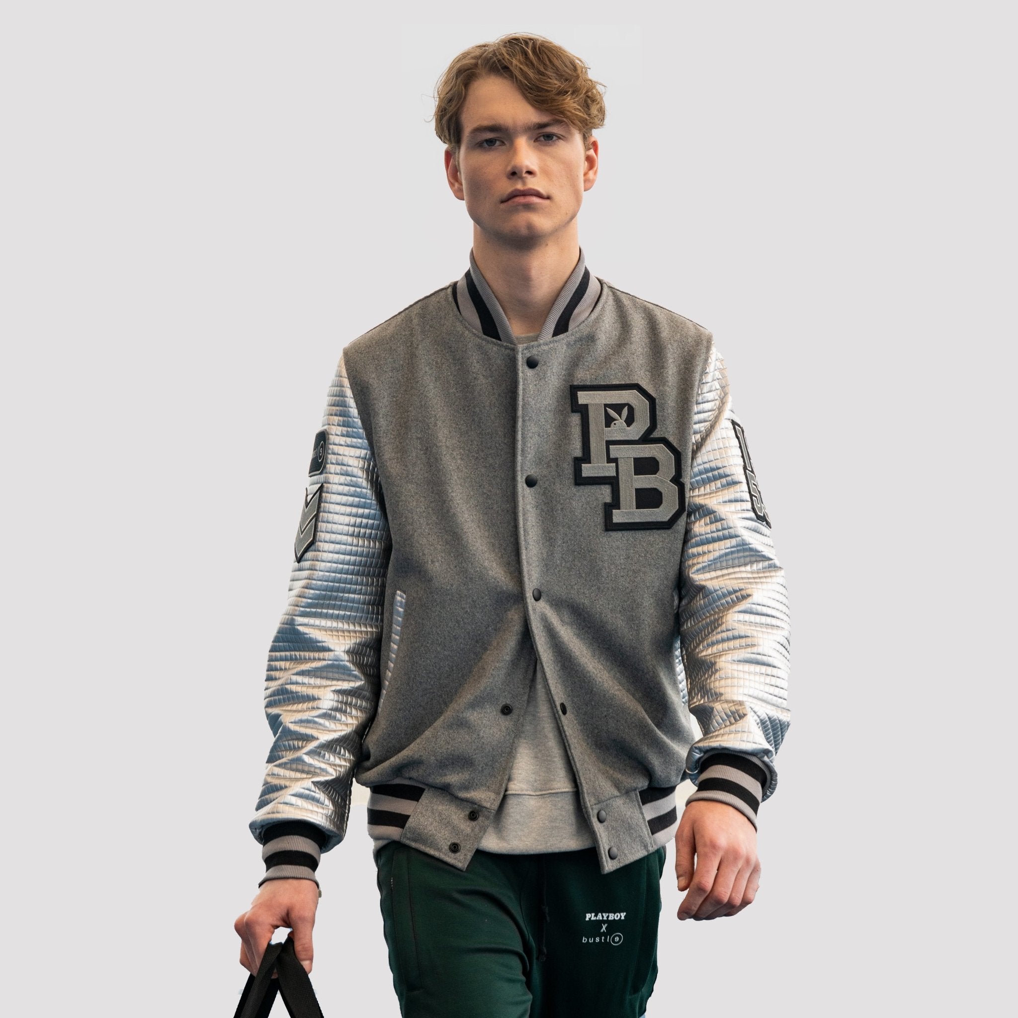 Letterman varsity jacket in grey w/ silver quilted sleeves –  