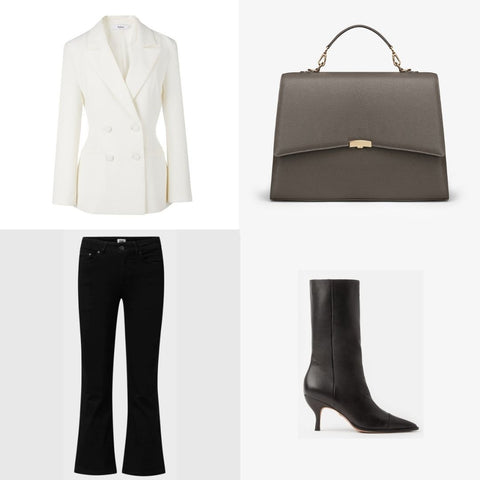 White, grey and black business outfit for women with laptop bag