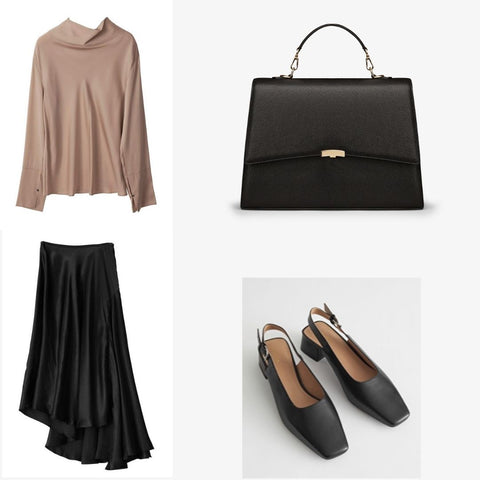 Black and beige business outfit for women with business bag